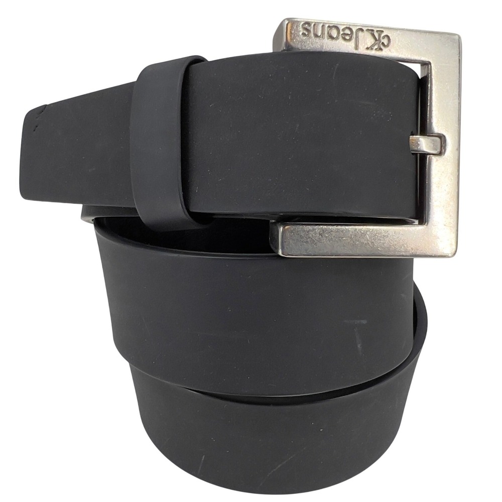 Vintage 90s Calvin‎ Klein CK Jeans Black Rubber Belt Square Buckle Unisex Size S